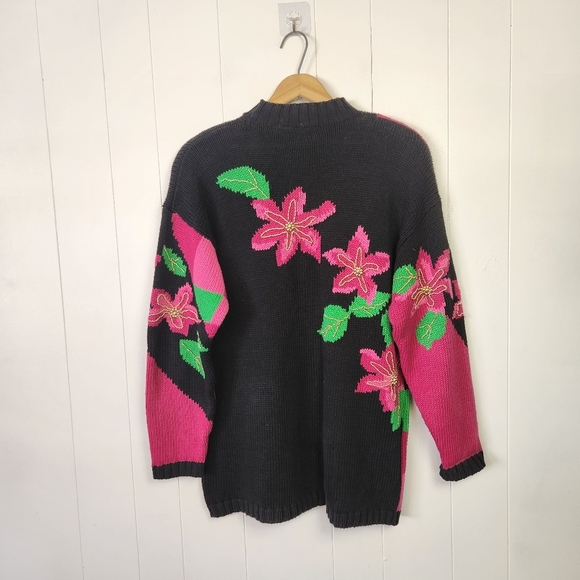Vintage Oversized Pink Black Floral Knit Sweater High Neck Gold Beaded Size Med - Picture 3 of 10